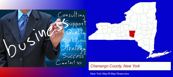 typical business services and concepts; Chenango County, New York highlighted in red on a map