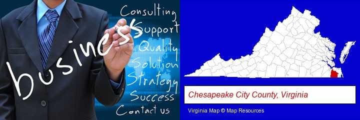 typical business services and concepts; Chesapeake City County, Virginia highlighted in red on a map