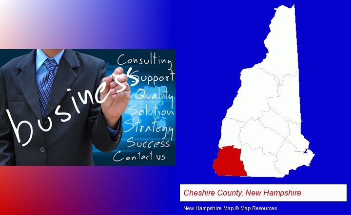 typical business services and concepts; Cheshire County, New Hampshire highlighted in red on a map