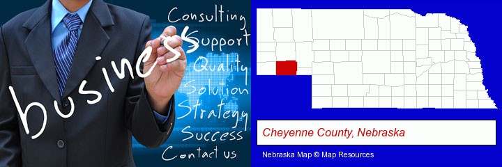 typical business services and concepts; Cheyenne County, Nebraska highlighted in red on a map