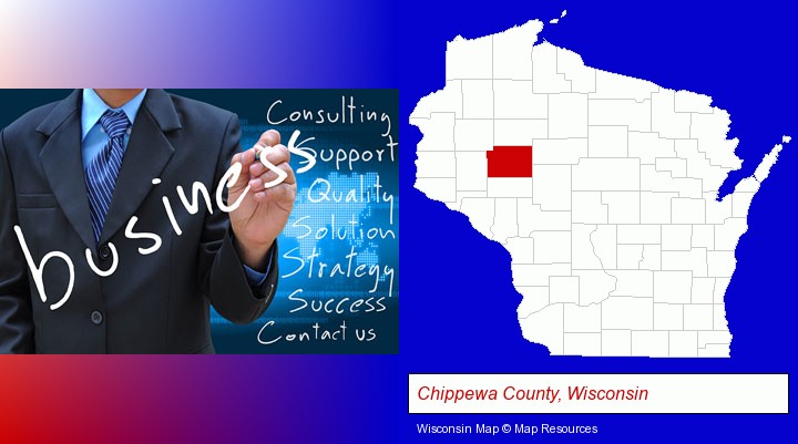 typical business services and concepts; Chippewa County, Wisconsin highlighted in red on a map