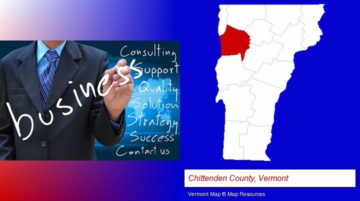 typical business services and concepts; Chittenden County, Vermont highlighted in red on a map