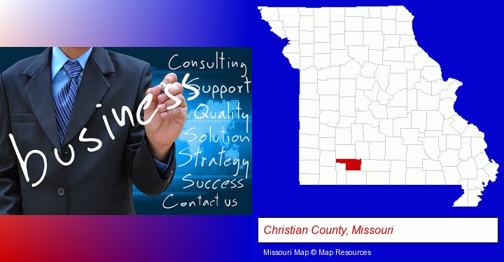 typical business services and concepts; Christian County, Missouri highlighted in red on a map