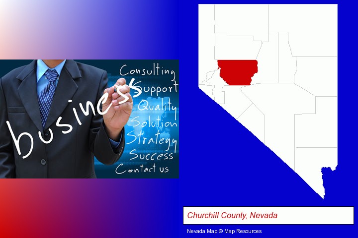 typical business services and concepts; Churchill County, Nevada highlighted in red on a map