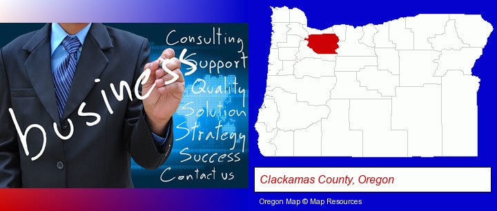 typical business services and concepts; Clackamas County, Oregon highlighted in red on a map