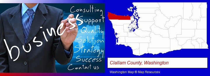 typical business services and concepts; Clallam County, Washington highlighted in red on a map
