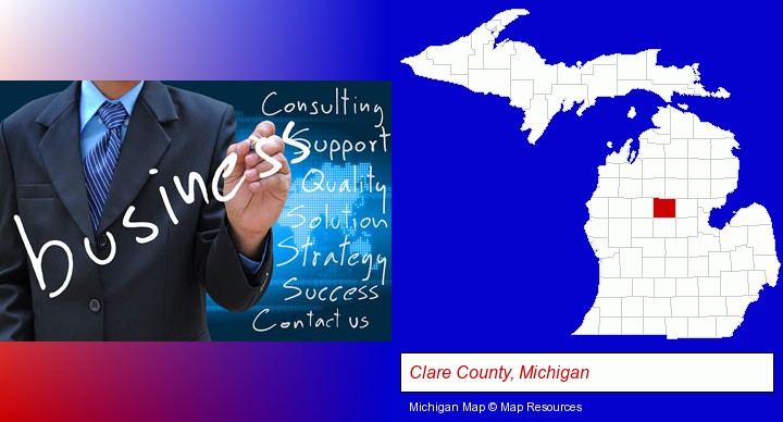 typical business services and concepts; Clare County, Michigan highlighted in red on a map
