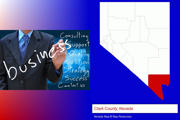 typical business services and concepts; Clark County, Nevada highlighted in red on a map