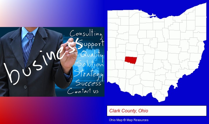 typical business services and concepts; Clark County, Ohio highlighted in red on a map