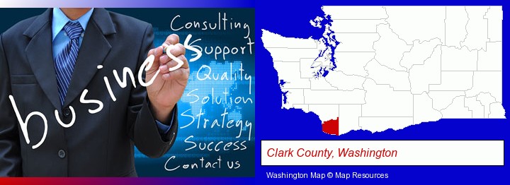 typical business services and concepts; Clark County, Washington highlighted in red on a map