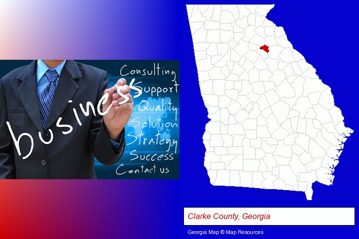 typical business services and concepts; Clarke County, Georgia highlighted in red on a map