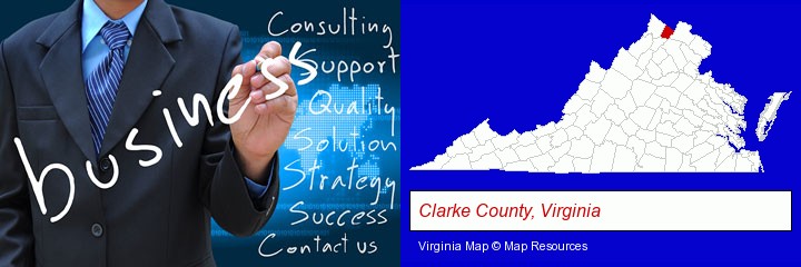 typical business services and concepts; Clarke County, Virginia highlighted in red on a map