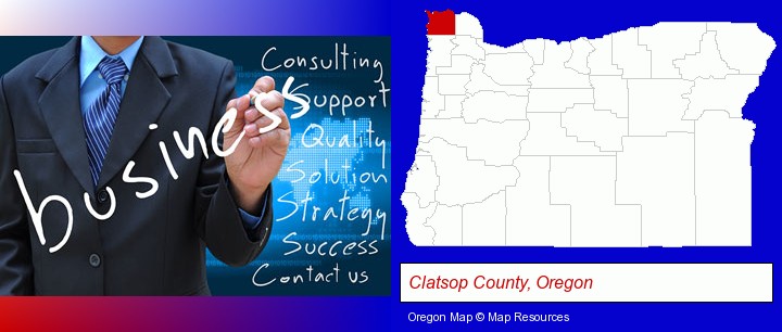 typical business services and concepts; Clatsop County, Oregon highlighted in red on a map