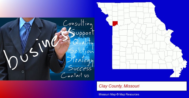 typical business services and concepts; Clay County, Missouri highlighted in red on a map