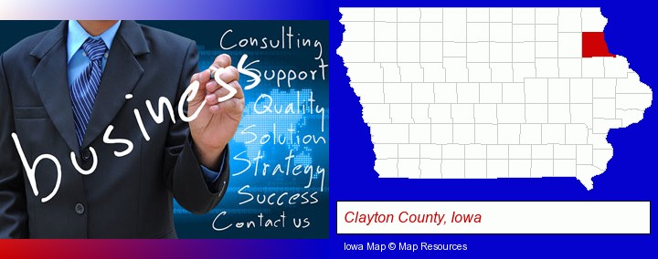 typical business services and concepts; Clayton County, Iowa highlighted in red on a map