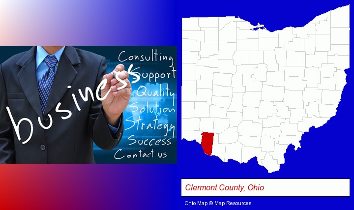 typical business services and concepts; Clermont County, Ohio highlighted in red on a map