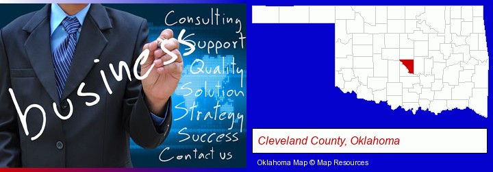 typical business services and concepts; Cleveland County, Oklahoma highlighted in red on a map