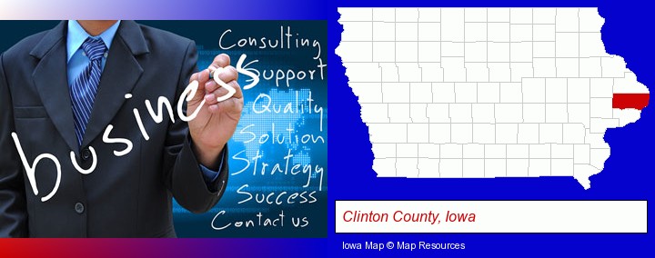 typical business services and concepts; Clinton County, Iowa highlighted in red on a map