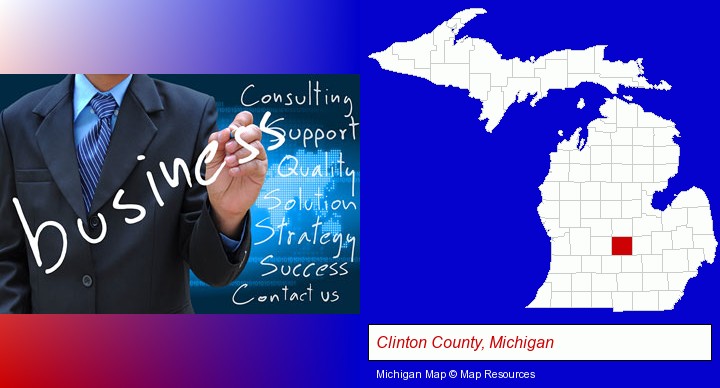 typical business services and concepts; Clinton County, Michigan highlighted in red on a map