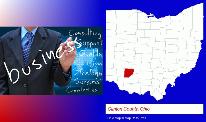 typical business services and concepts; Clinton County, Ohio highlighted in red on a map