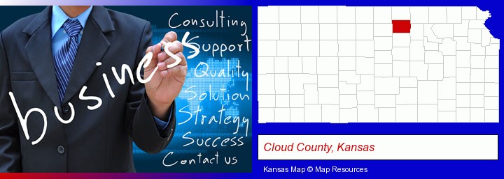typical business services and concepts; Cloud County, Kansas highlighted in red on a map