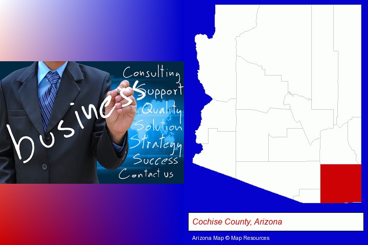 typical business services and concepts; Cochise County, Arizona highlighted in red on a map