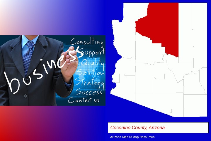 typical business services and concepts; Coconino County, Arizona highlighted in red on a map