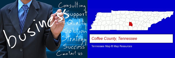 typical business services and concepts; Coffee County, Tennessee highlighted in red on a map