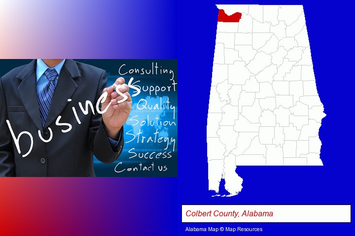 typical business services and concepts; Colbert County, Alabama highlighted in red on a map