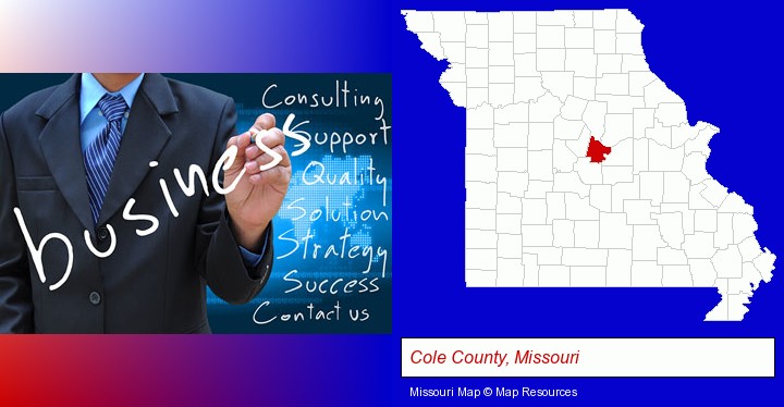 typical business services and concepts; Cole County, Missouri highlighted in red on a map