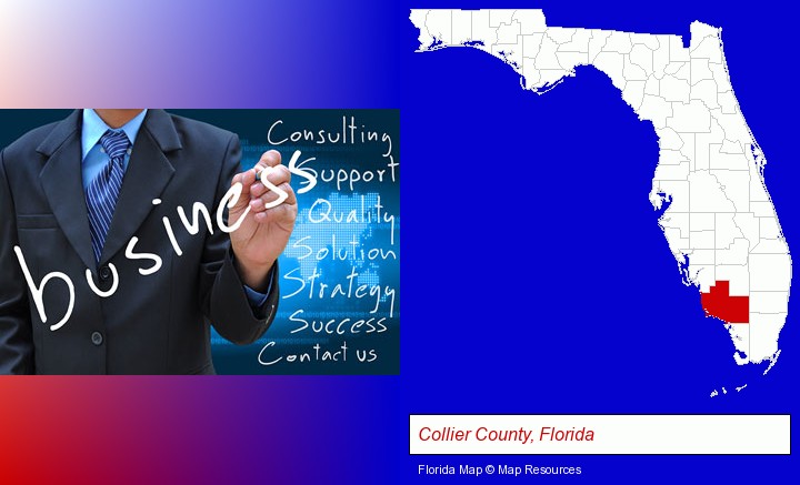 typical business services and concepts; Collier County, Florida highlighted in red on a map