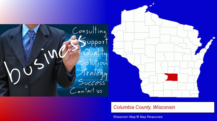 typical business services and concepts; Columbia County, Wisconsin highlighted in red on a map