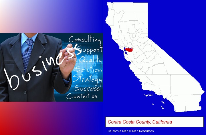 typical business services and concepts; Contra Costa County, California highlighted in red on a map