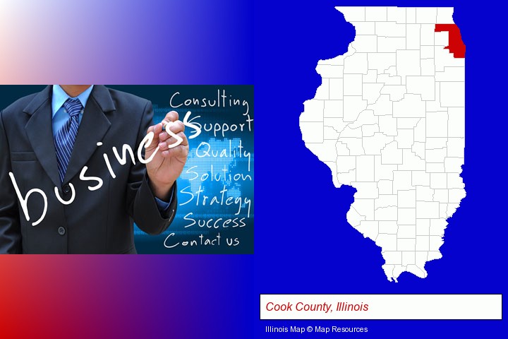 typical business services and concepts; Cook County, Illinois highlighted in red on a map