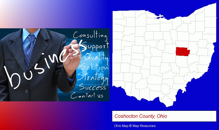 typical business services and concepts; Coshocton County, Ohio highlighted in red on a map