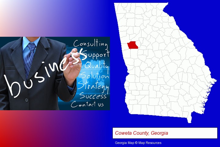 typical business services and concepts; Coweta County, Georgia highlighted in red on a map