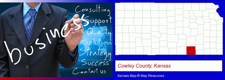typical business services and concepts; Cowley County, Kansas highlighted in red on a map