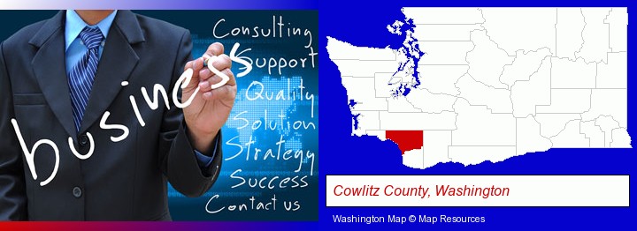 typical business services and concepts; Cowlitz County, Washington highlighted in red on a map