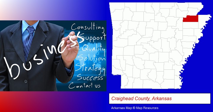 typical business services and concepts; Craighead County, Arkansas highlighted in red on a map