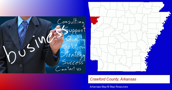 typical business services and concepts; Crawford County, Arkansas highlighted in red on a map