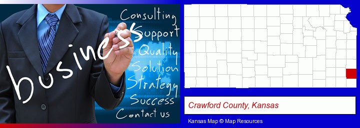 typical business services and concepts; Crawford County, Kansas highlighted in red on a map