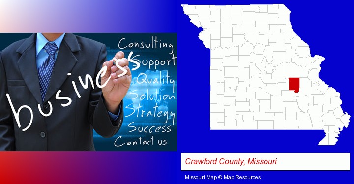 typical business services and concepts; Crawford County, Missouri highlighted in red on a map