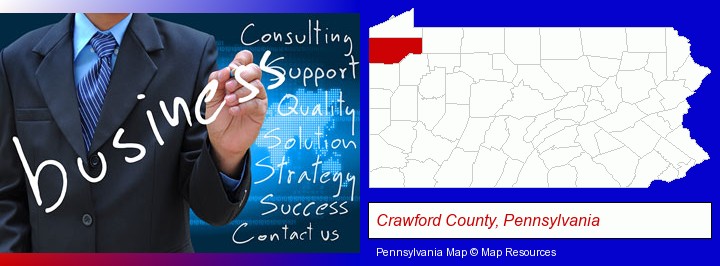typical business services and concepts; Crawford County, Pennsylvania highlighted in red on a map
