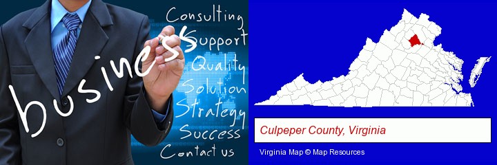 typical business services and concepts; Culpeper County, Virginia highlighted in red on a map