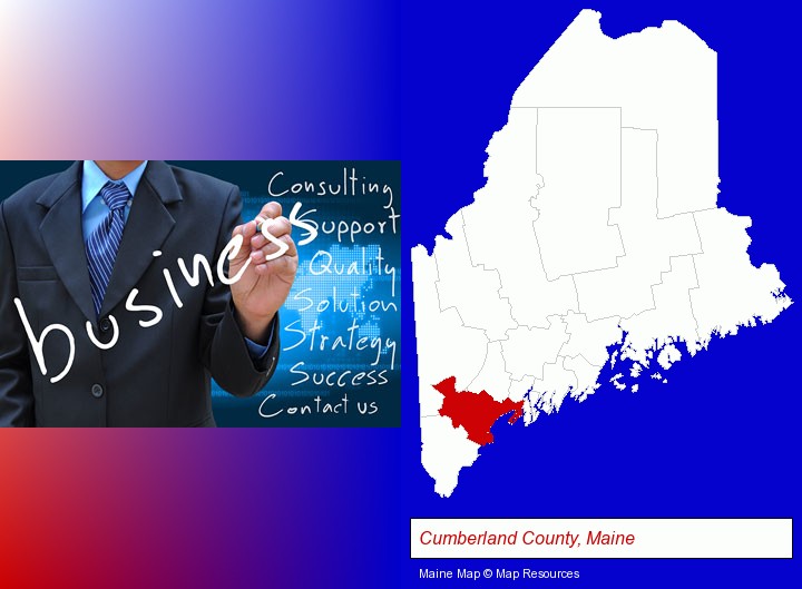 typical business services and concepts; Cumberland County, Maine highlighted in red on a map