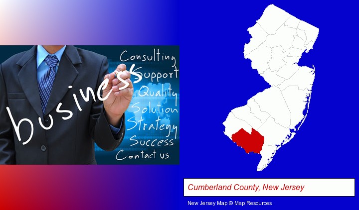typical business services and concepts; Cumberland County, New Jersey highlighted in red on a map