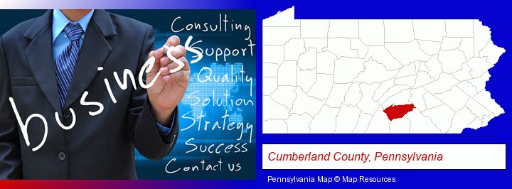typical business services and concepts; Cumberland County, Pennsylvania highlighted in red on a map