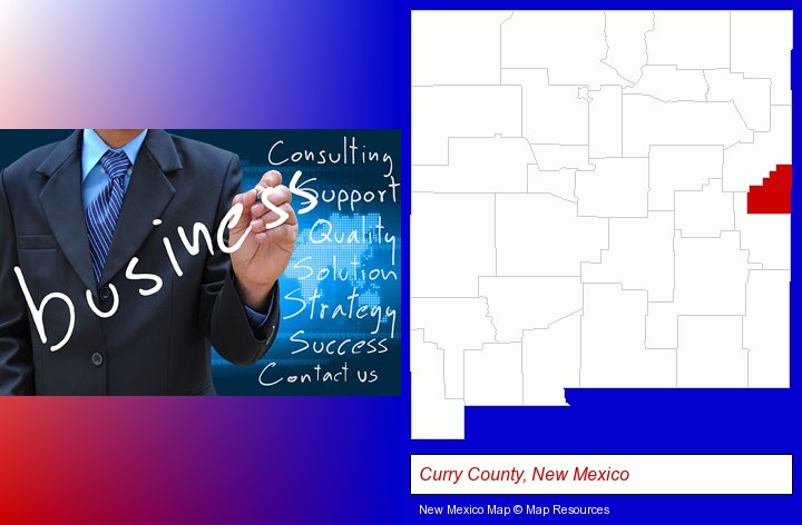 typical business services and concepts; Curry County, New Mexico highlighted in red on a map