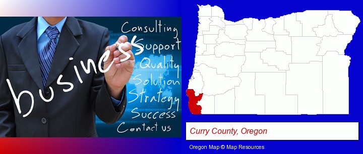 typical business services and concepts; Curry County, Oregon highlighted in red on a map