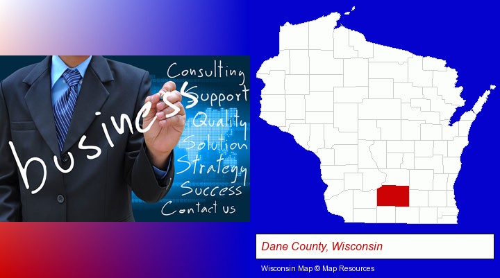 typical business services and concepts; Dane County, Wisconsin highlighted in red on a map